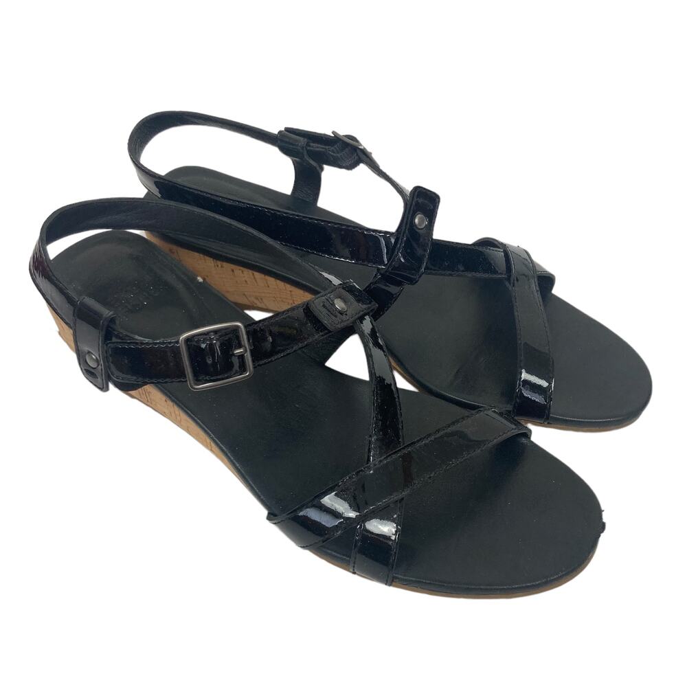 Eileen Fisher Black Patent Leather Strappy Wedges Sz 8